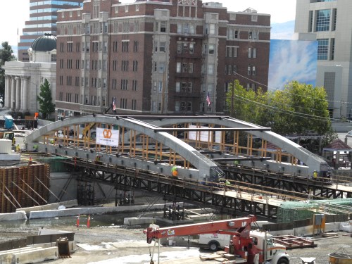 Virginia Street Bridge new arches moving into place over river, Reno, Nevada